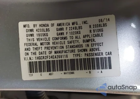 2014 Honda Accord Lx from USA, damaged, VIN 1HGCR2F34EA268116